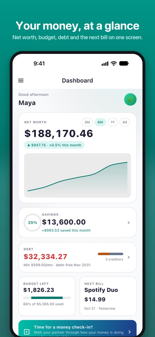 Dashboard with net worth, savings, debt, budget left and the next bill